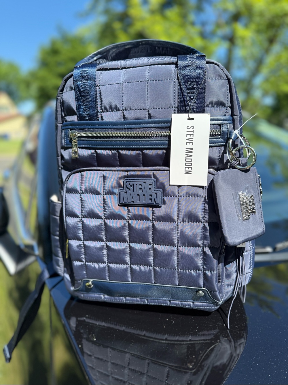 Steve Madden Quilted Slate/Navy Blue Backpack with Key Pouch